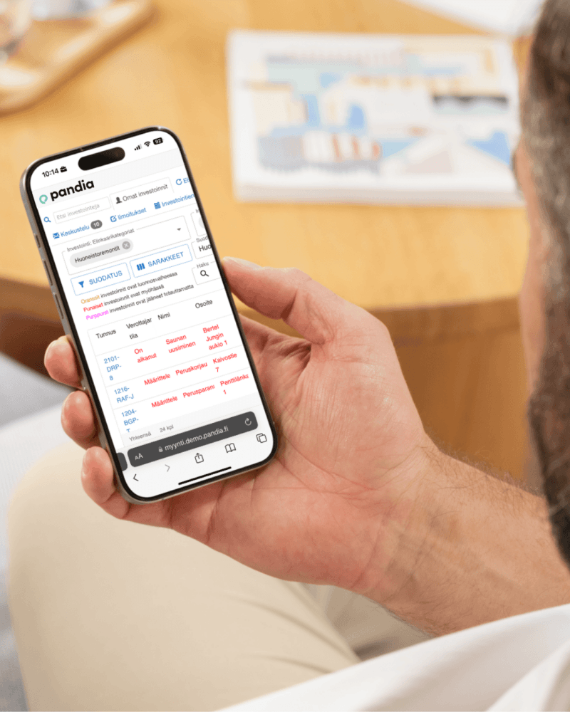 Investoinnit ohjelmiston mobiilikäyttöliittymä näkyvillä Iphonen näytöllä.
