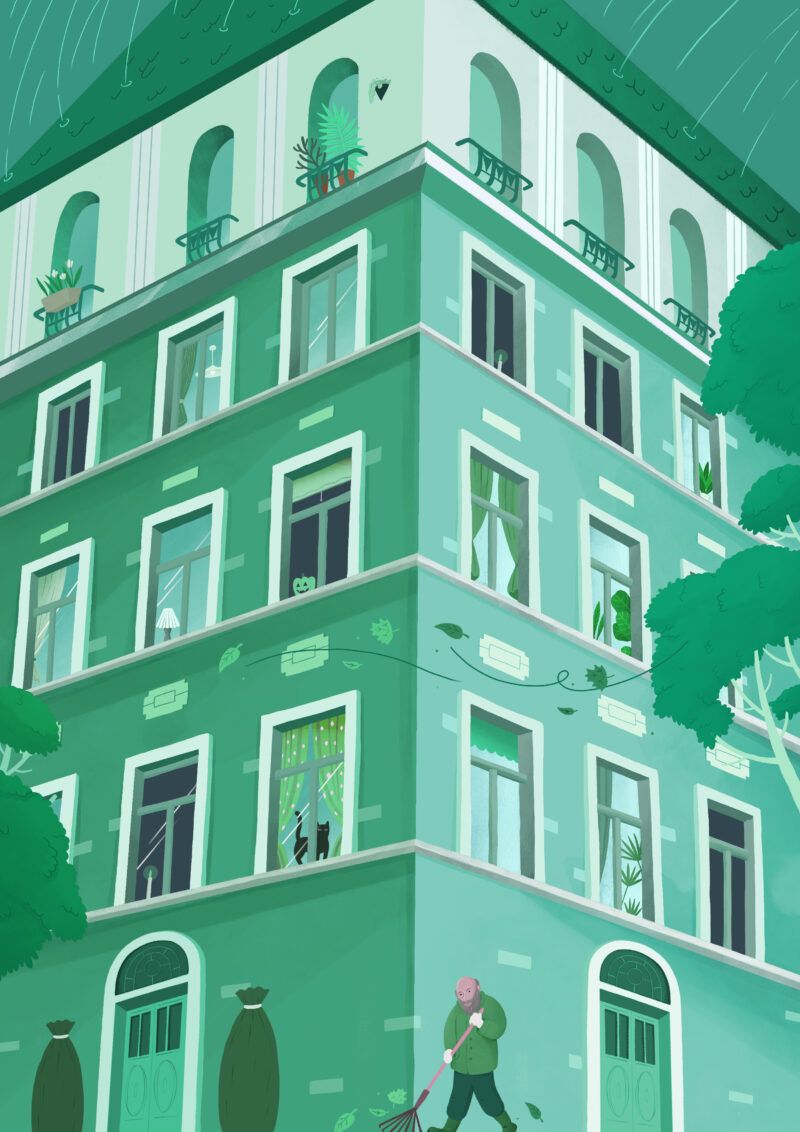 Kenno grafiikka kerrostalo syksy